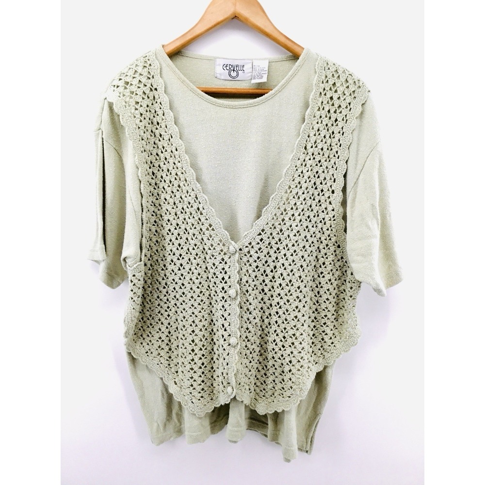 VTG Cervelle Textured Silk Knit Top Crochet Vest Green Boho Cottagecore JJ36